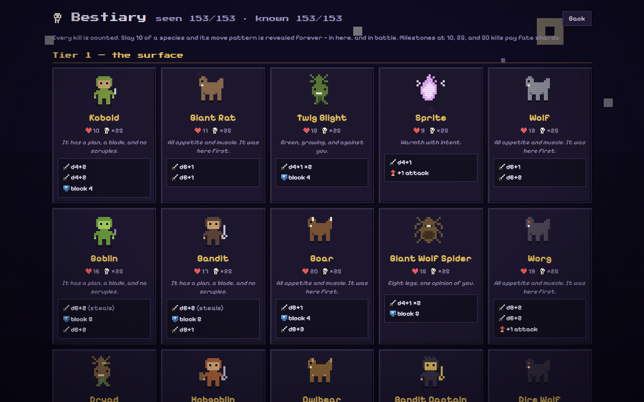 The bestiary screen
